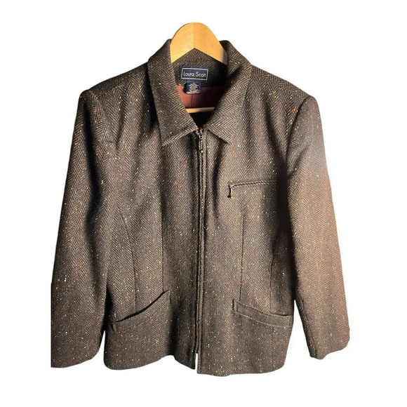 Laura Scott Wool Blend Brown Tweed Jacket-Size 14 Career Wear Business Casual - Picture 1 of 10